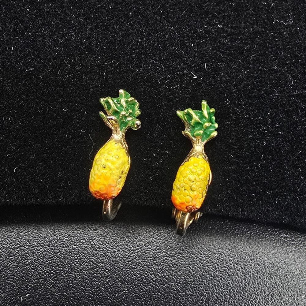 Pineapple Enamel Clip On Earrings Dainty Small Summer Fruit Vintage Jewelry